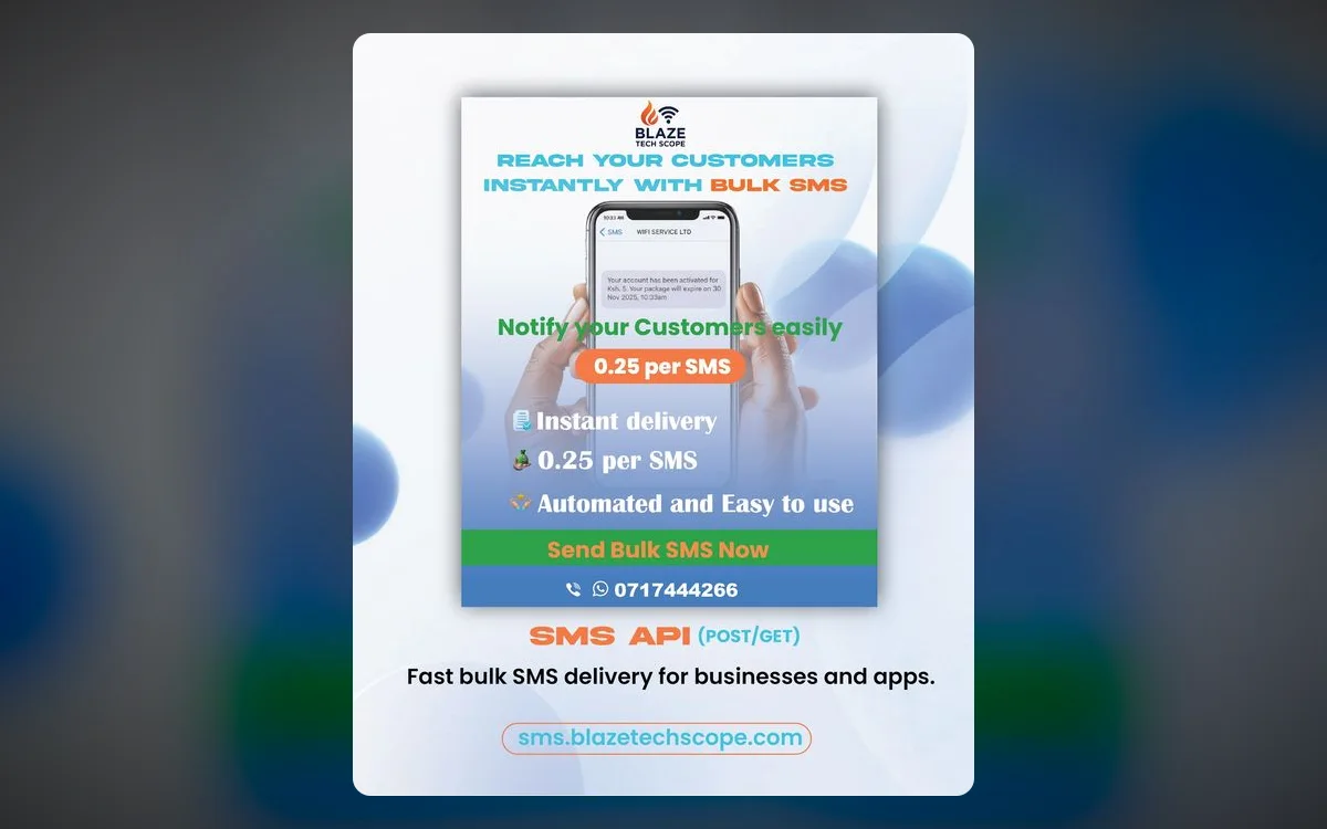 Blaze Tech Scope — Bulk SMS — A service poster that shows the product working, not just described.