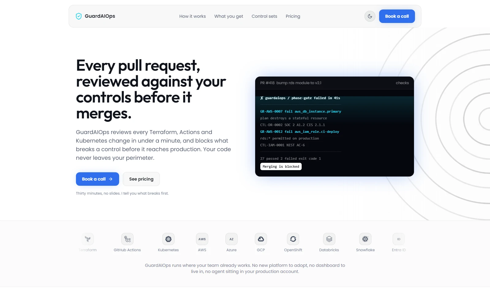 GuardAIOps — A control-gated review platform that catches what AI-written infrastructure breaks, before it merges.