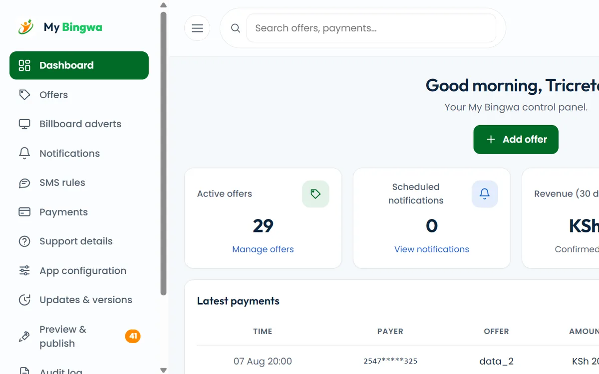 My Bingwa Admin Dashboard — The remote control panel behind the My Bingwa app — offers, payments and releases without shipping a build.