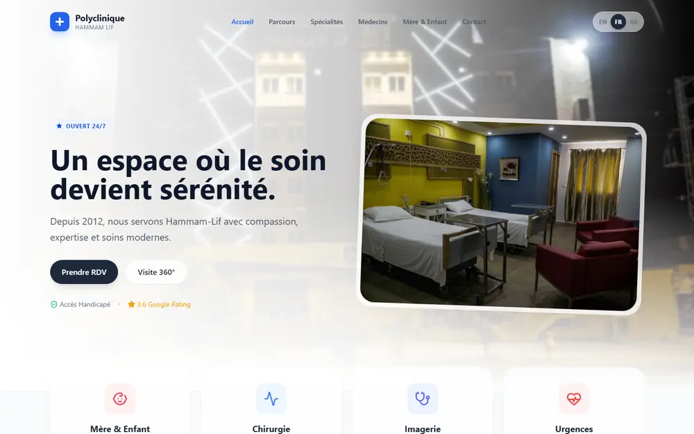 Polyclinique — A hospital’s services, departments, and care pathways made navigable online.