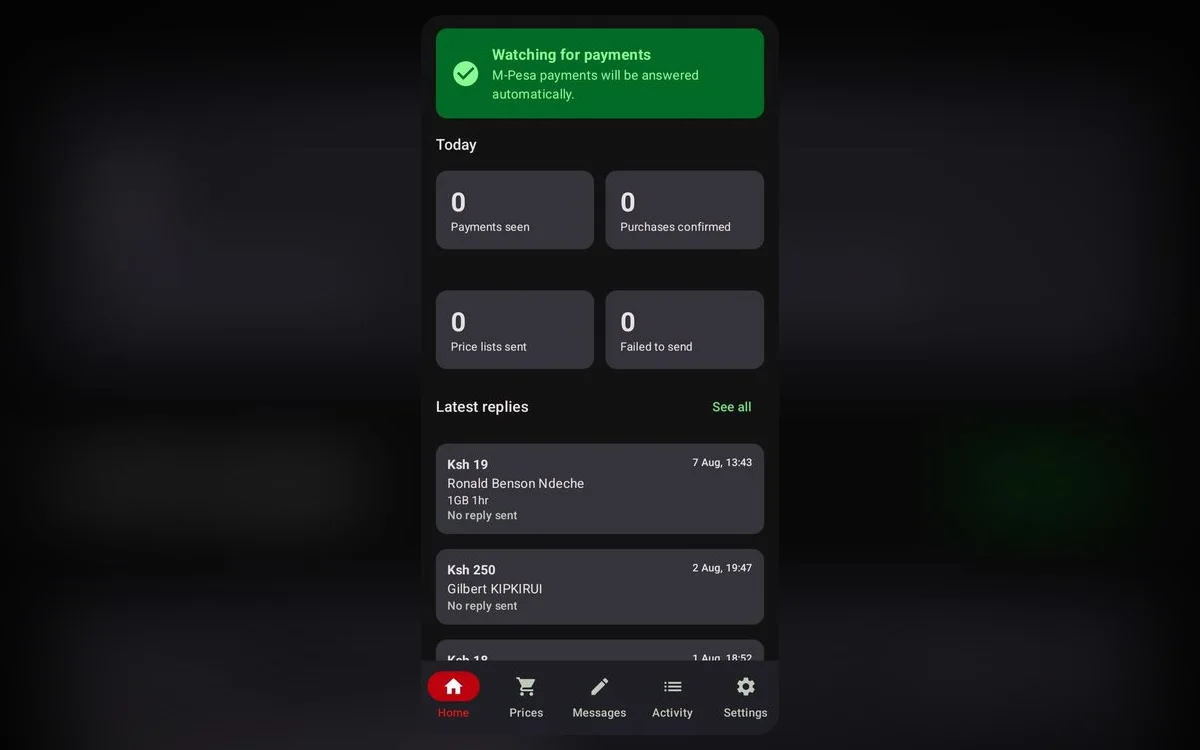 Scope SMS — An Android app that reads M-Pesa confirmations and answers bundle customers on its own.