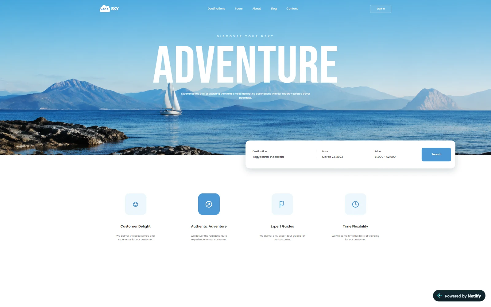 VacaSky Adventure Travel Website — A high-end responsive travel website designed to showcase destinations, tours, travel stories, and booking experiences.