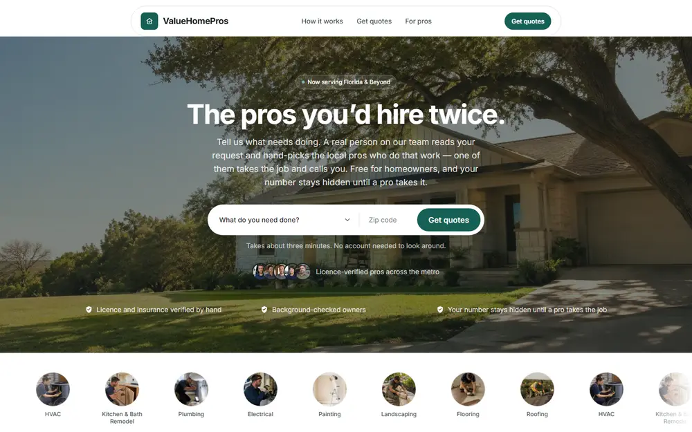 ValueHomePros — A lead-generation platform connecting homeowners with vetted local home-service professionals.